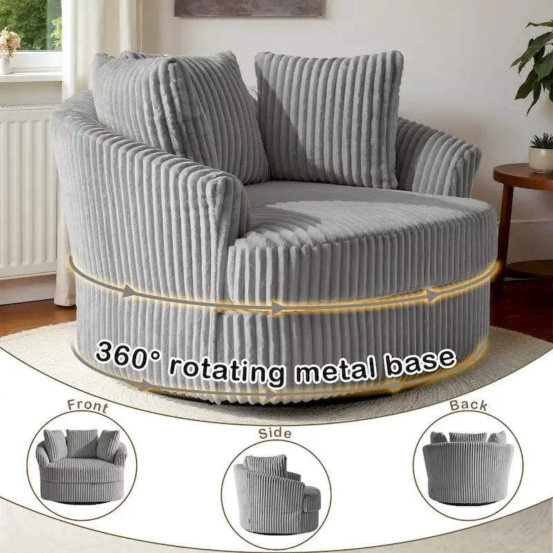 Fauteuil tonneau pivotant surdimensionné en velours côtelé moelleux, accoudoirs rentrés, 43 W