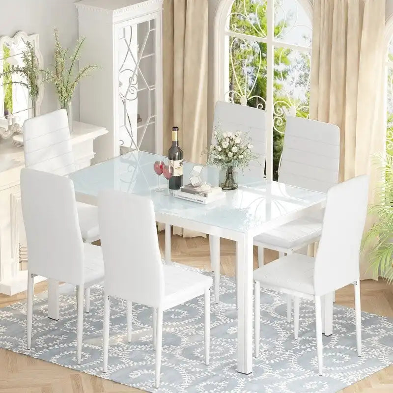 Grondin moderne 7-delige eettafelset met tafelblad van gehard glas en 6 met PU-leer beklede stoelen