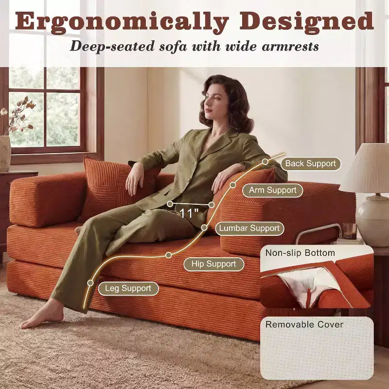 Dyonery 65-Zoll-Fünf-in-eins-Klappsofabett für den Boden, zum Doppelbett-Sofabett umwandelbar, mit festem Metallrahmen, Cord