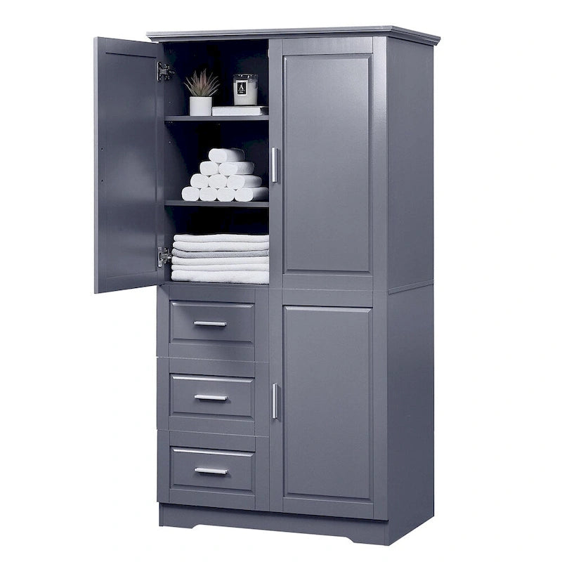 Armoire de rangement haute et large avec portes pour salle de bains, trois tiroirs
