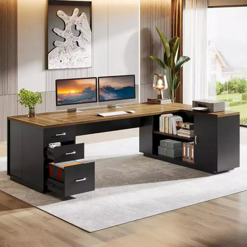 Bureau de direction d’angle Lantine 85.8 en forme de L, extra large, pour ordinateur, avec tiroirs classeurs pour bureau à domicile
