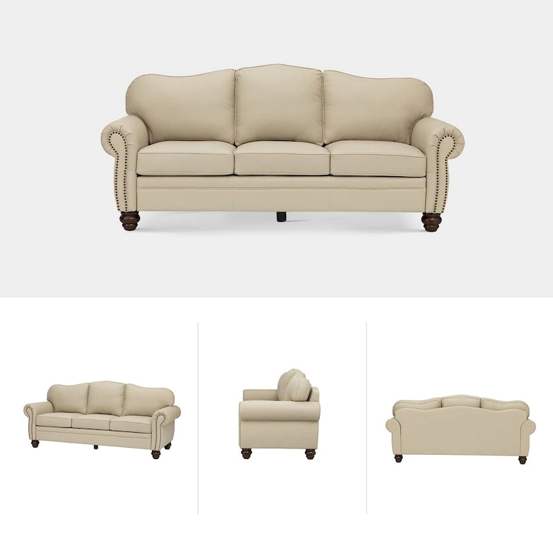 Balvino Sofa mit 81 cm Breite, im Übergangsstil, aus echtem Leder, mit gerollten Armlehnen, Nagelkopfbesatz und abnehmbaren Kissen