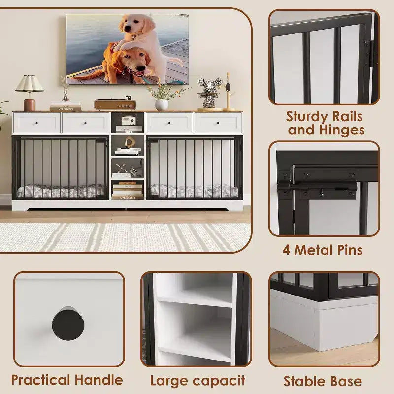 Meuble double cage pour chiens 82, grand chenil d’intérieur pour 2 chiens, cage en bois robuste faisant office de meuble TV avec 4 tiroirs et des étagères