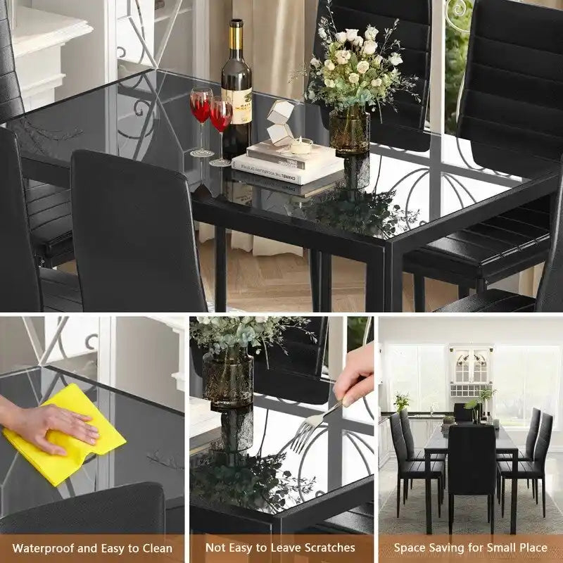 Grondin moderne 7-delige eettafelset met tafelblad van gehard glas en 6 met PU-leer beklede stoelen