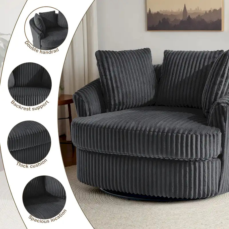 Fauteuil tonneau pivotant surdimensionné en velours côtelé moelleux, accoudoirs rentrés, 43 W