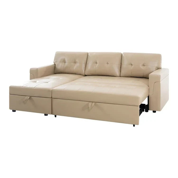 Umbaubares, beidseitig montierbares Ecksofa mit ausziehbarem Schlafbett, verstecktem Stauraum in der Recamiere und robusten Beinen
