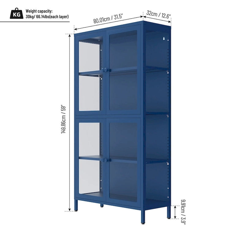 Sideboard aus kaltgewalztem Stahl mit vier Glastüren, verstellbaren Einlegeböden und Füßen