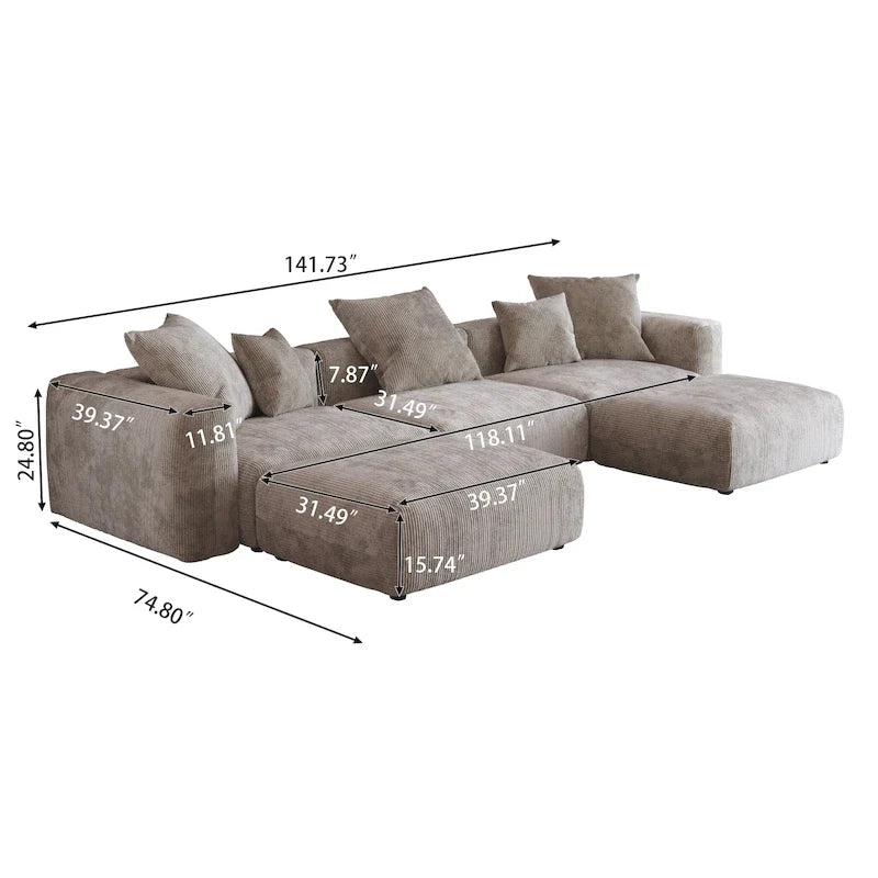 Canapé modulable d’angle de 141.73, canapé en velours côtelé en U avec poufs