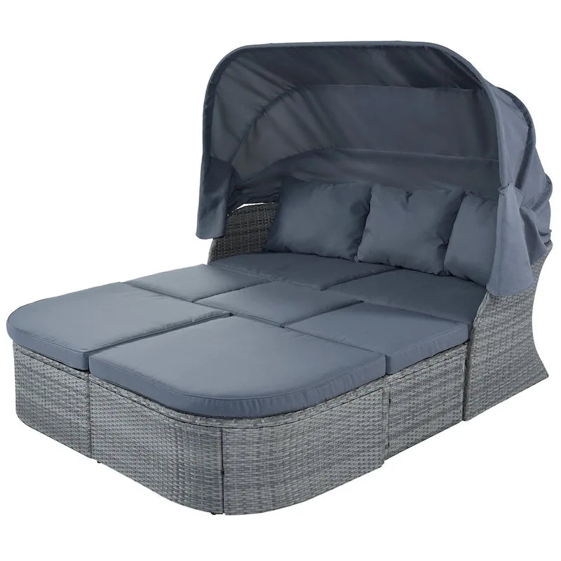 Graues Outdoor-Daybed aus Rattan mit Kissen und ausziehbarem Sonnendach