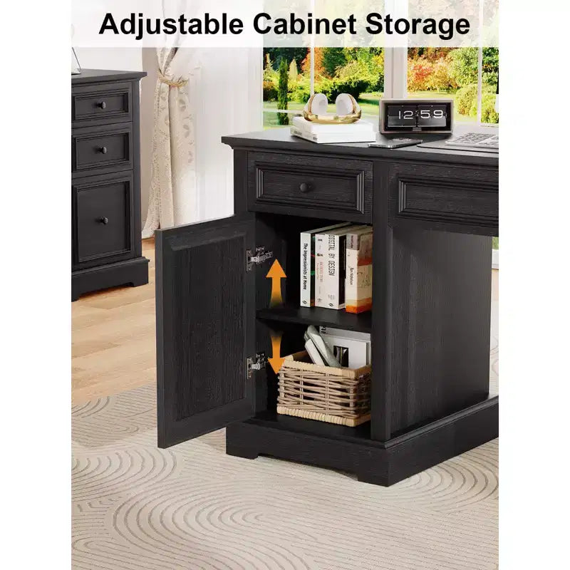 Dyonery 60-Zoll-Schreibtisch im Landhausstil mit Schubladen und Aktenschrank, Schreibtisch aus Holz mit geprägter Struktur fürs Homeoffice, Schwarz/Braun/Weiß und Braun