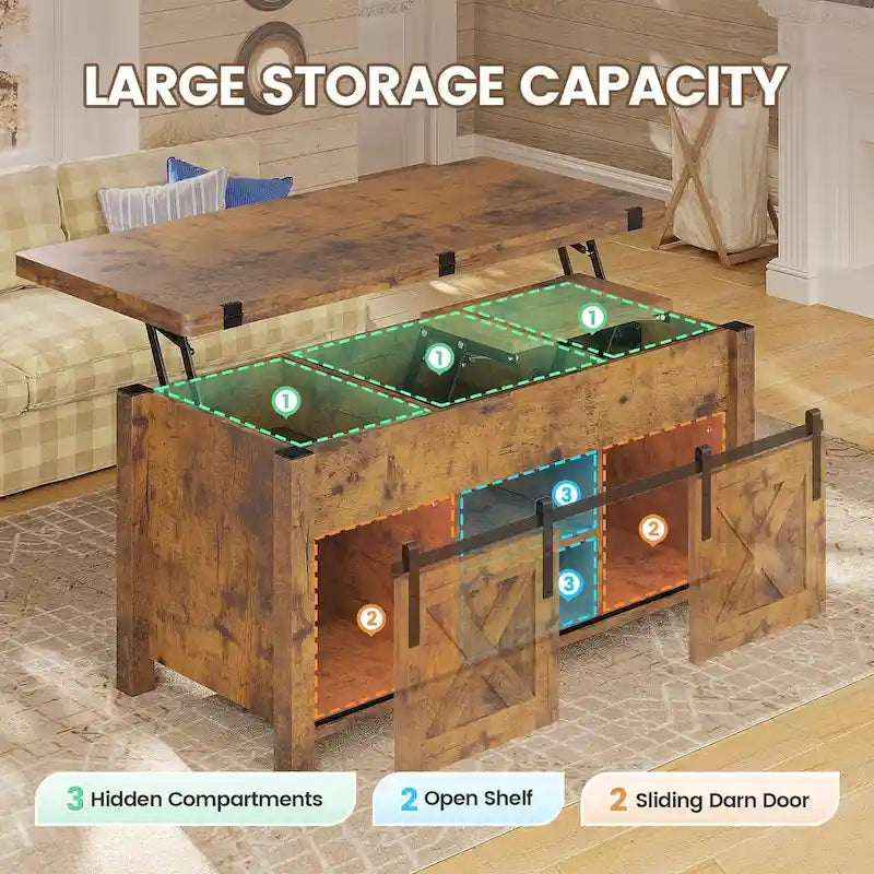 Table basse relevable avec 2 portes coulissantes de style grange, rangement et table à manger