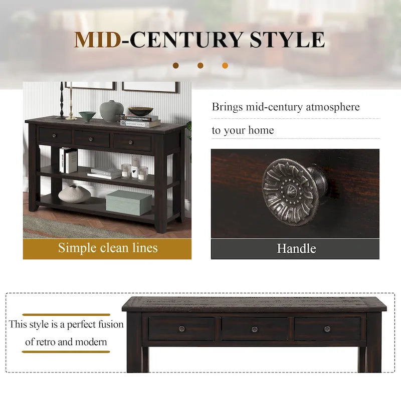 Modern Solid Pine Wood Top Console Table with 3 Drawers and 2 Shelves