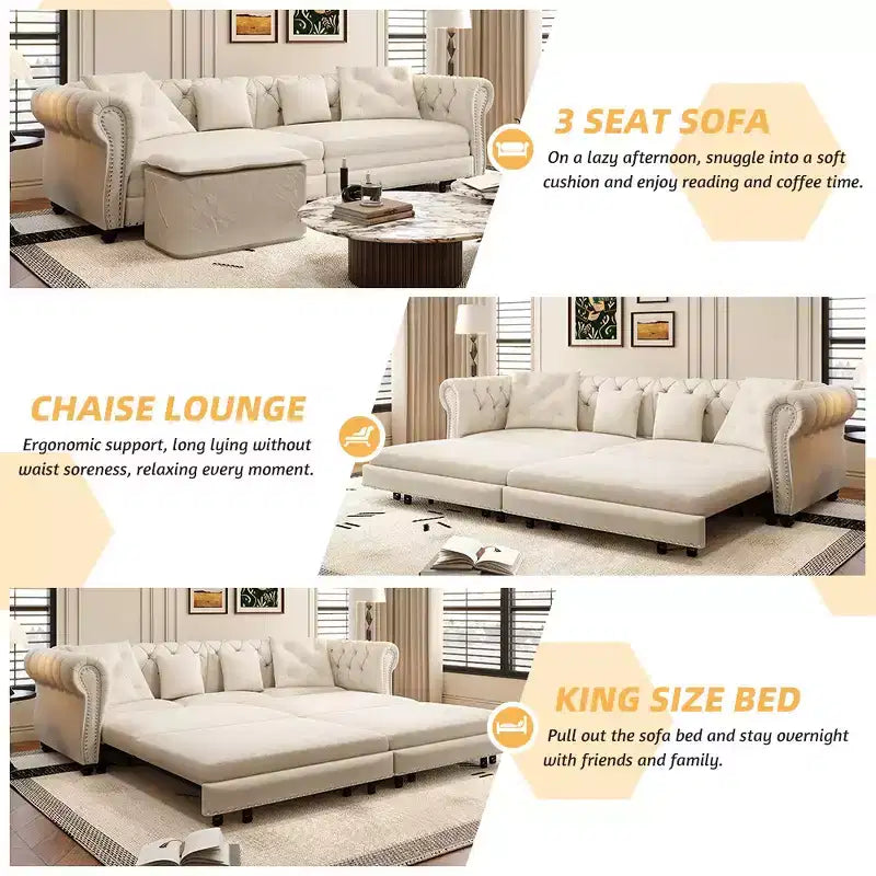 Whisen Schlafsofa aus Samt, 3-in-1, King Size, ausziehbar und umwandelbar, mit beweglichem Ottomanen, gestepptes Design