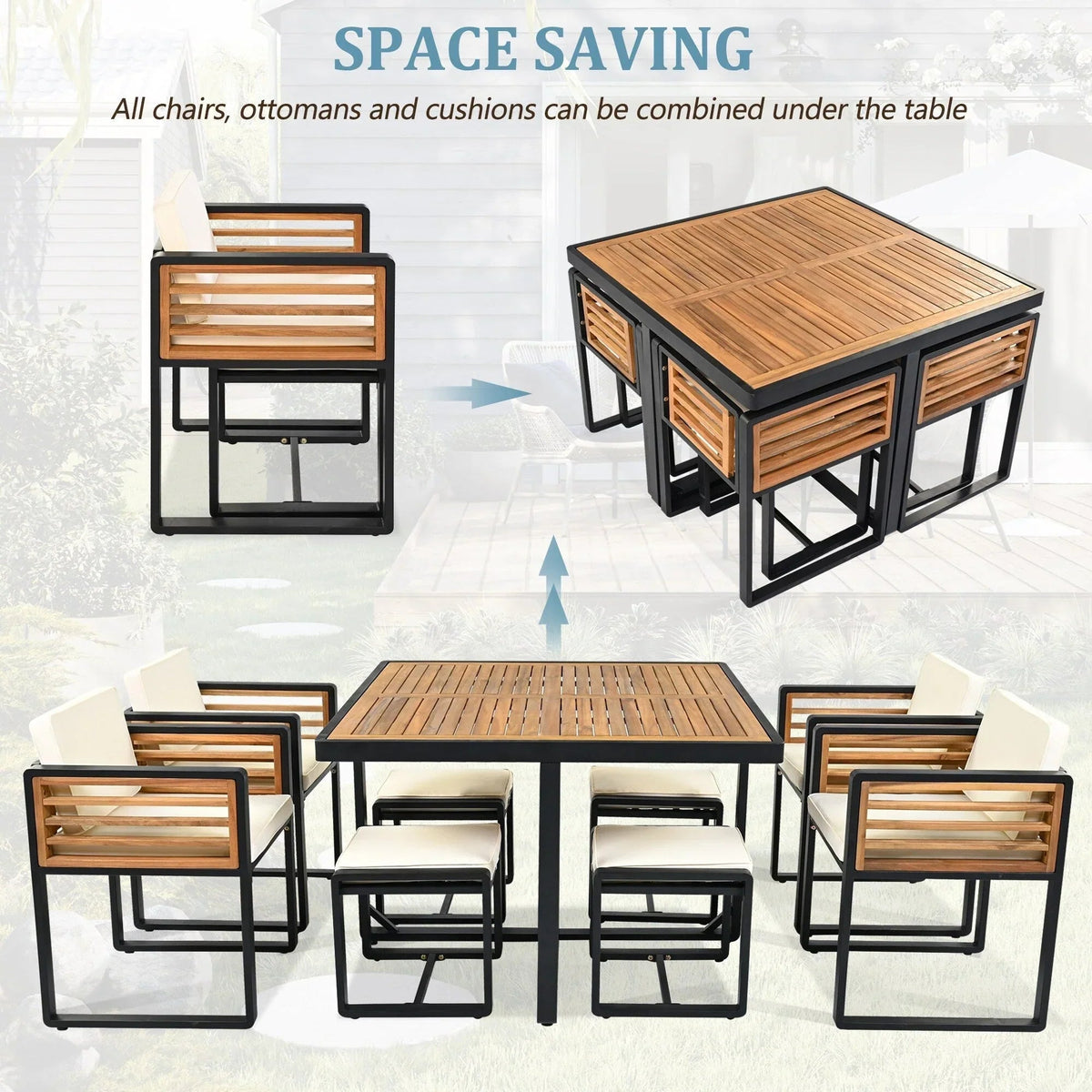Ensemble repas de patio de 18 pièces en bois d’acacia, 8 chaises rembourrées, 8 poufs et 2 tables carrées