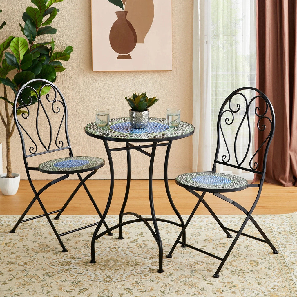 Glitzhome Outdoor Metal Folding Bistro Set 3PCS Patio Table Chairs