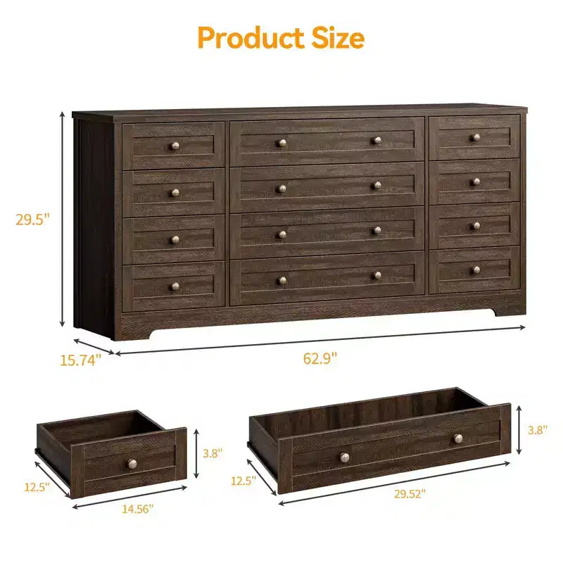 Commode en bois à 12 tiroirs pour chambre, meuble TV moderne et large pour téléviseur de 65 pouces, commode en bois, rangement champêtre pour vêtements dans le salon