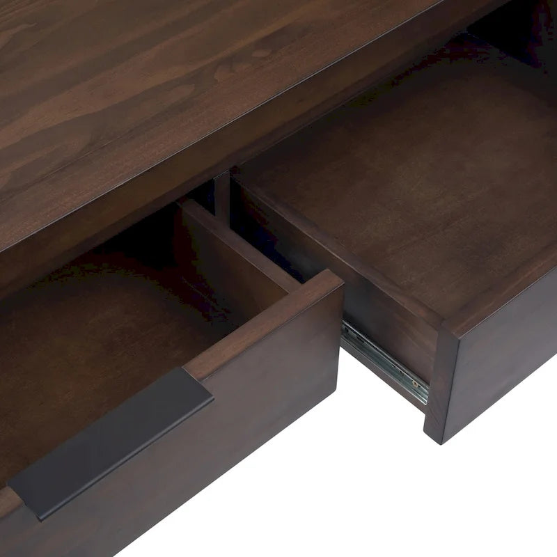 150 cm breed massiefhouten consoletafel in eigentijdse stijl met 3 laden, in warm walnootbruin
