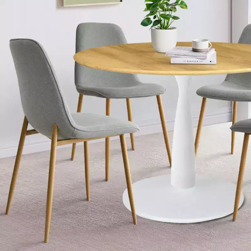 Ensemble de salle à manger rond 5 pièces, table à piètement central de 37 avec plateau effet bois et chaises courbes rembourrées, style moderne-Panipeachy