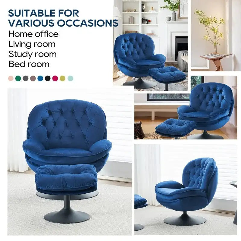 Fluwelen draaifauteuil met voetenbank, ronde leesfauteuil met voetenbankset, 360 draaibaar, metalen frame