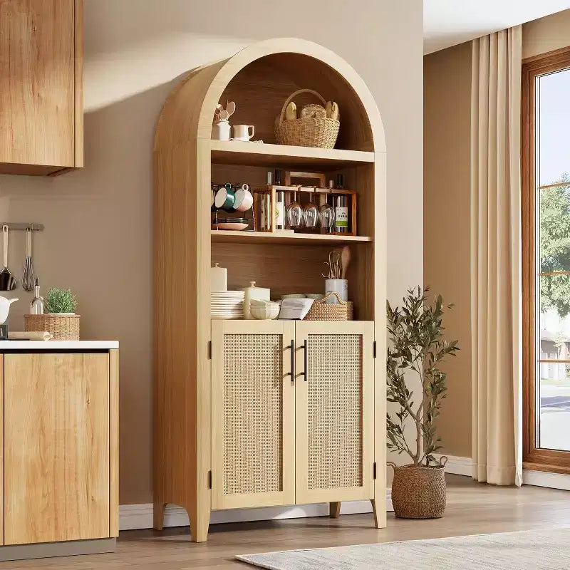 Libreria espositiva aperta a 5 ripiani con decorazioni in rattan, mobile contenitore in stile rustico, dispensa da cucina ad arco, per casa, ufficio e soggiorno