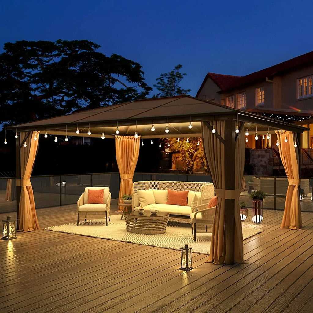 EROMMY hardtop-paviljoen, pergola voor buiten met dubbel dak, netten en gordijnen, extra stevig zonnescherm voor terras, achtertuin en zwembadfeest
