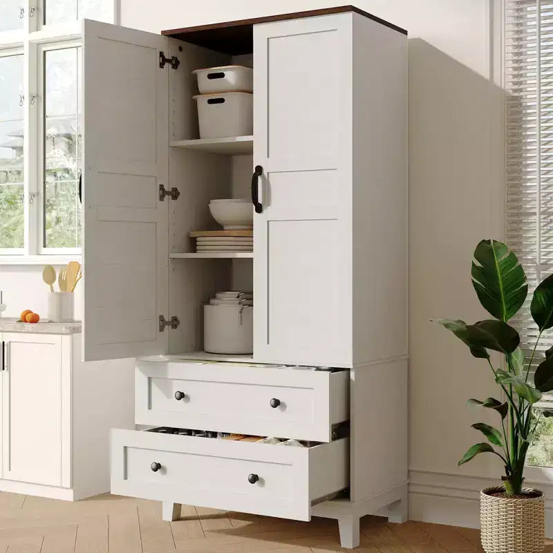 Armoire de rangement haute de 65 avec étagères réglables, garde-manger en bois de style maison de campagne avec 2 portes et 2 tiroirs, bibliothèques autoportantes pour salle à manger et salon