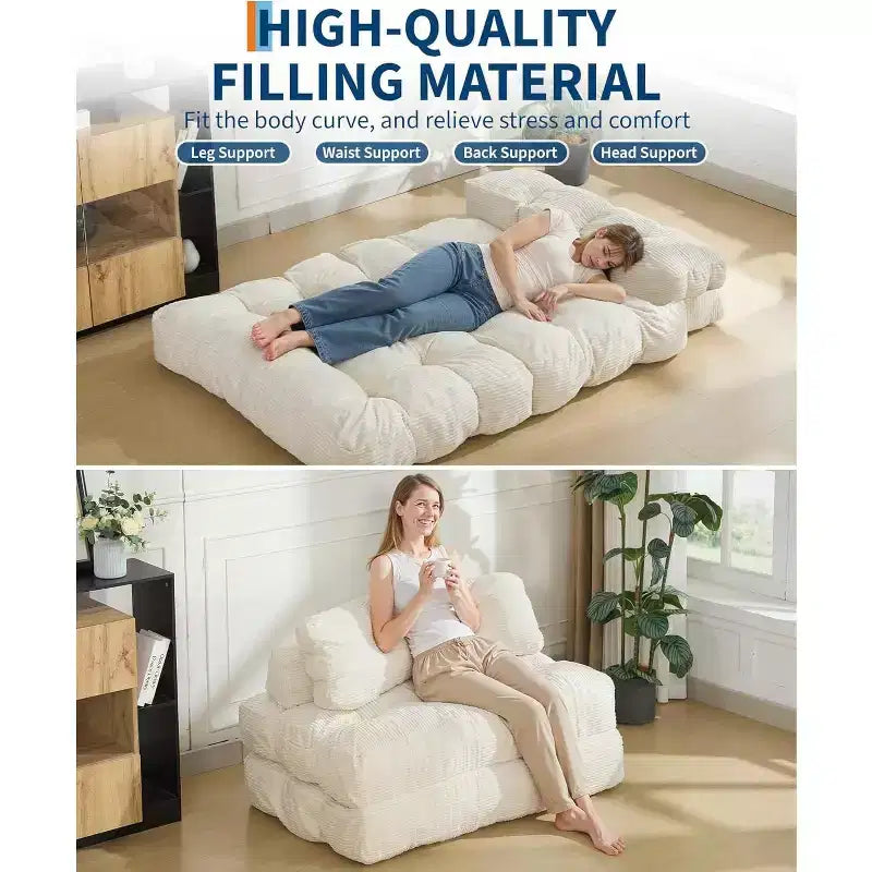 Canapé-lit pliant 3 en 1, fauteuil convertible en lit avec oreiller, fauteuil-lit pliant portable, canapé de sol confortable avec dossier pour salon, beige