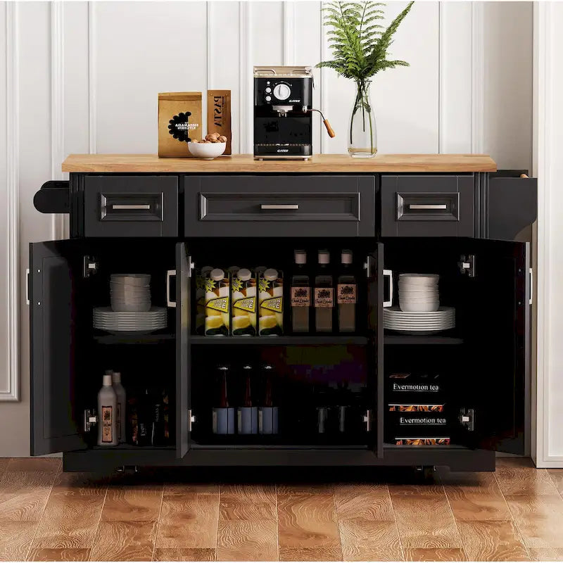 Isola da cucina grande da 54  con piano ribaltabile in legno di caucciù, carrello da cucina con texture in rilievo, 4 ruote, 4 ante e 3 cassetti