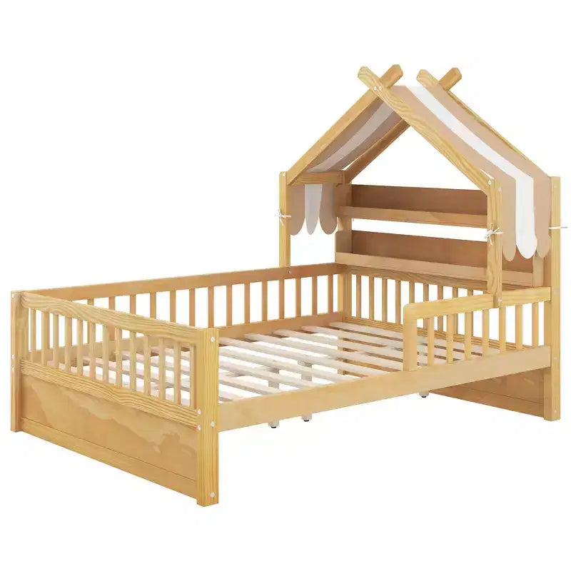 ModernLuxe houten huisbed in twin-/full-size met opbergvak in het hoofdbord, bedframe van massief grenenhout voor kinderen met veiligheidsleuningen
