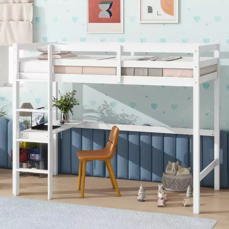 Lit mezzanine minimaliste Okak avec échelle, lit mezzanine pour lit simple en bois d’hévéa avec garde-corps de sécurité et bureau intégré, cadre de lit pour enfants et adolescents