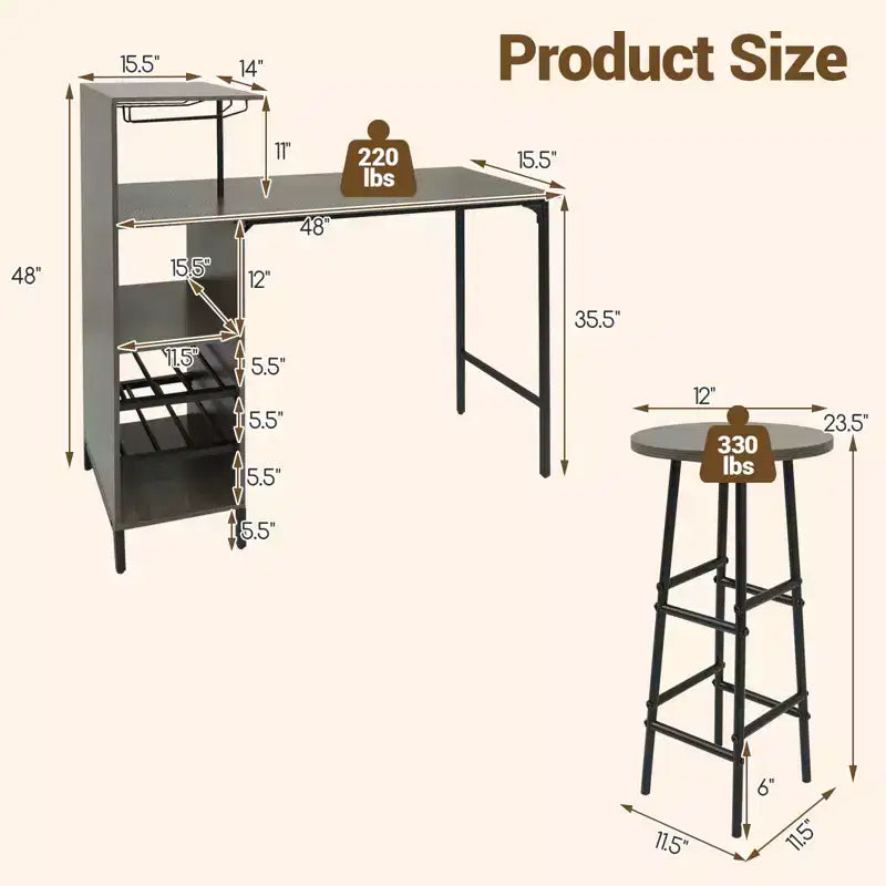 Costway barta felset van 3 stuks, industriële bartafel en krukken met wijnflessenrek, bruin/eik