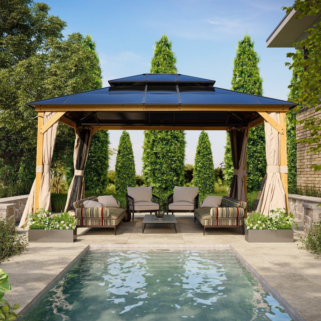 EROMMY hardtop-paviljoen, pergola voor buiten met dubbel dak, netten en gordijnen, extra stevig zonnescherm voor terras, achtertuin en zwembadfeest