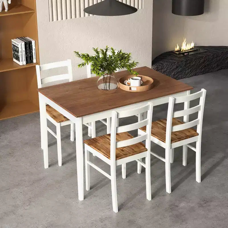 Costway 5-delige eetkamerset van massief hout, keukenmeubels met rechthoekige tafel en 4 stoelen, naturel/koffiekleur/grijs