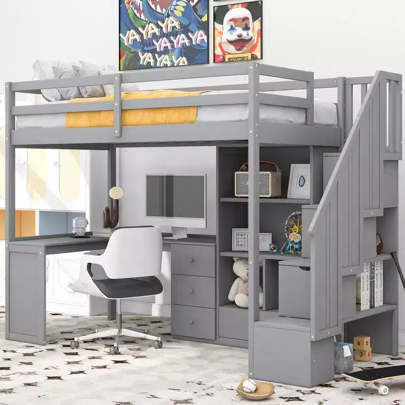 Lit mezzanine simple avec bureau en L, 3 tiroirs, armoire, rangement sous l’escalier, structure en pin massif/MDF