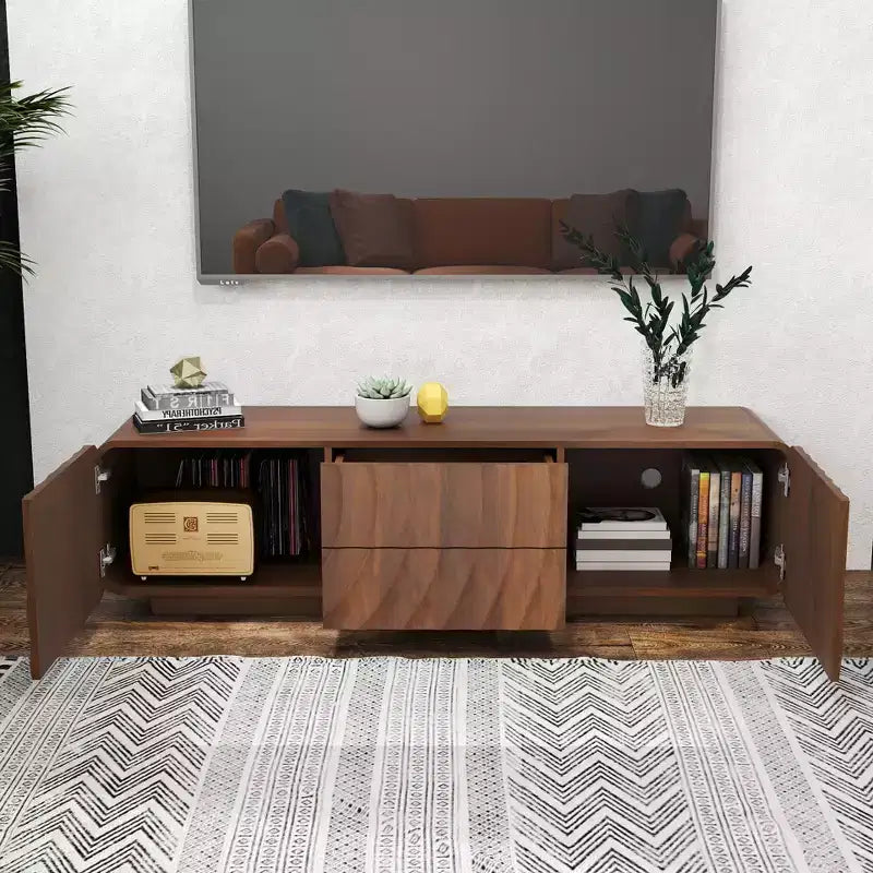 Mobile TV JVNOXK da 58 pollici, design a spirale ondulata di metà secolo, con armadietto contenitore e due cassetti, adatto per soggiorno o camera da letto, noce