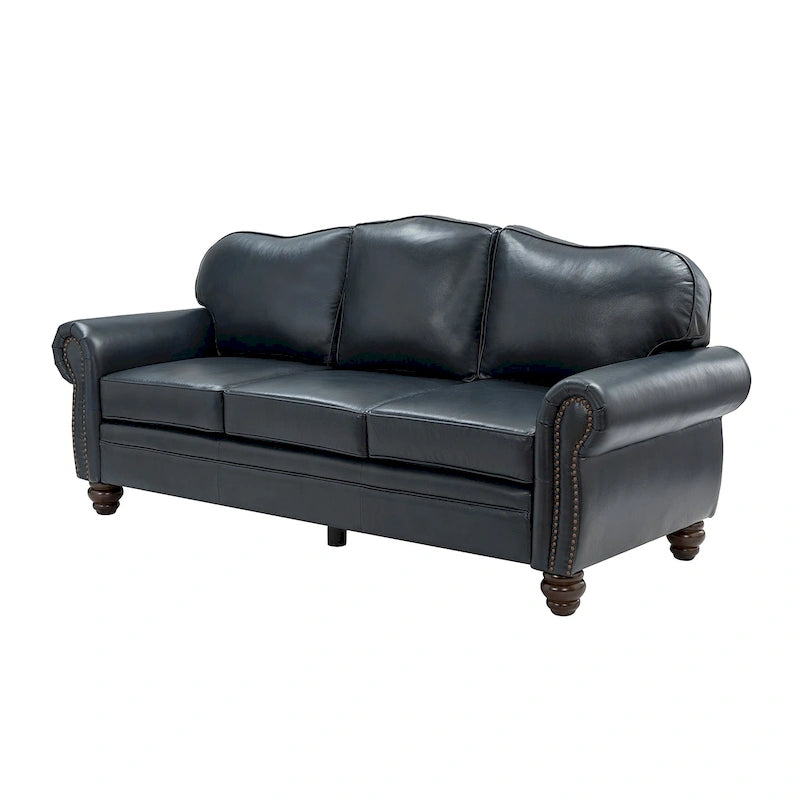 Canapé Balvino 81 pouces de style transitionnel en cuir véritable, avec accoudoirs arrondis, clous décoratifs et coussins amovibles