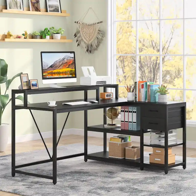 Schreibtisch in L-Form mit Schublade, Eckschreibtisch fürs Homeoffice mit Ablagefächern und Monitorständer, rustikaler PC-Schreibtisch für kleine Räume