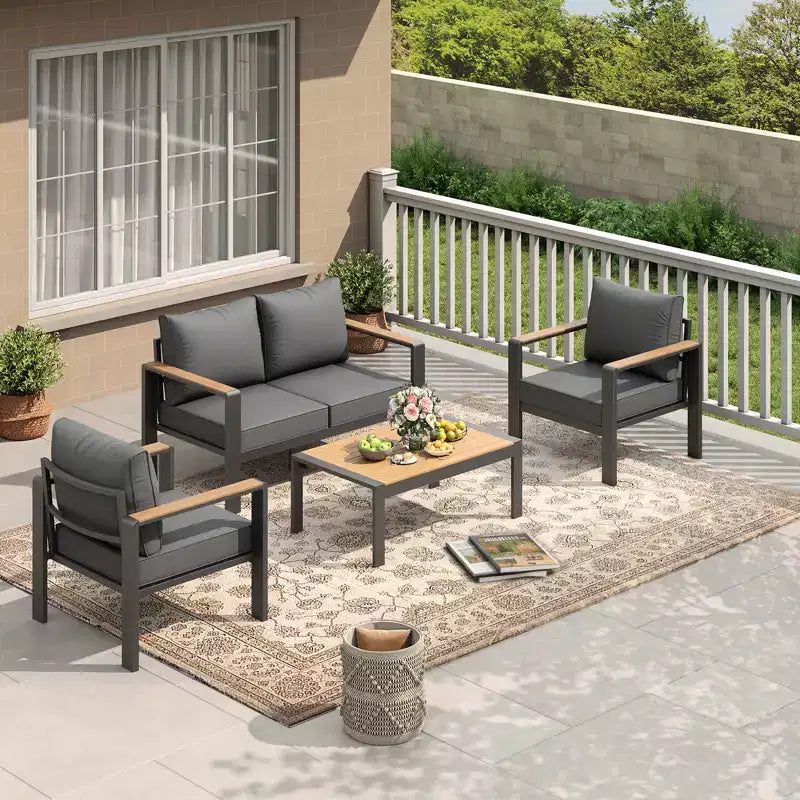 Ensemble de mobilier de patio en aluminium, canapé d’angle d’extérieur avec 5 coussins épais, 4 accoudoirs et table basse pour le jardin, la terrasse ou la cour