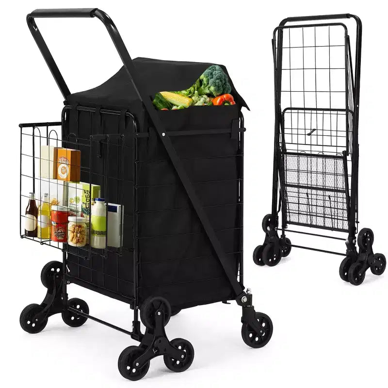 Chariot de courses tout-terrain pour escaliers - 3 roues pivotantes à 360, doublure imperméable,135LBS,chariot pliant en acier au carbone pour le linge et les courses