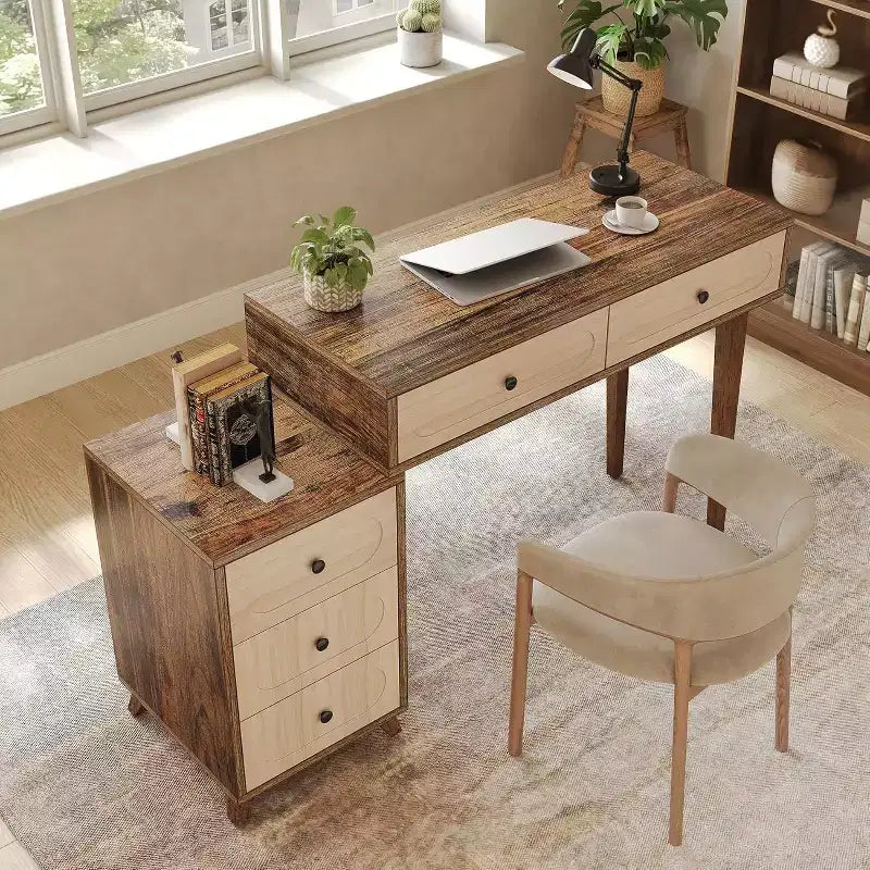 Lantine schrijftafel van 39 inch met 5 laden en uittrekbare kast, kleine uitschuifbare computer- en kaptafel voor kleine ruimtes, bruin