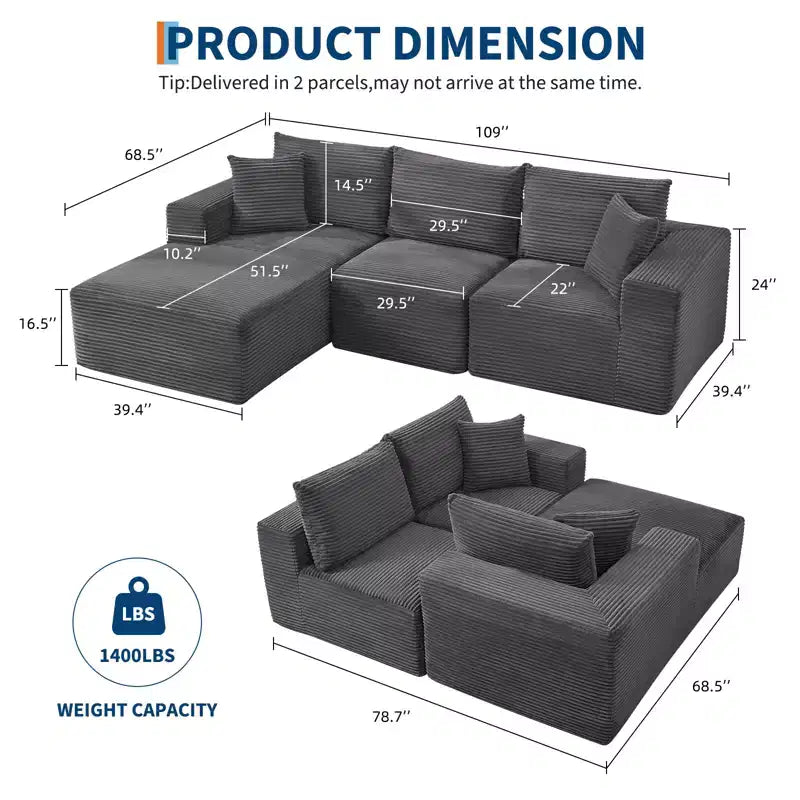 108 Modernes 3-Sitzer-Sofa, gepolstertes Sofa in L-Form mit Kissen, Sofa mit tiefer Sitzfläche, keine Montage erforderlich