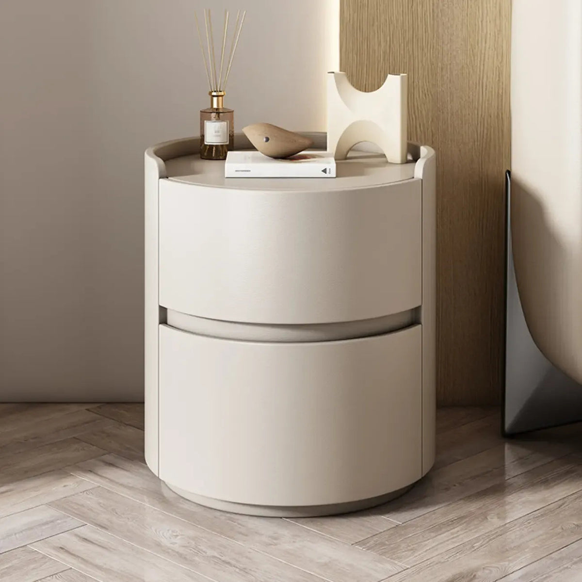 Comodino rotondo moderno con vassoio in pelle e 2 cassetti