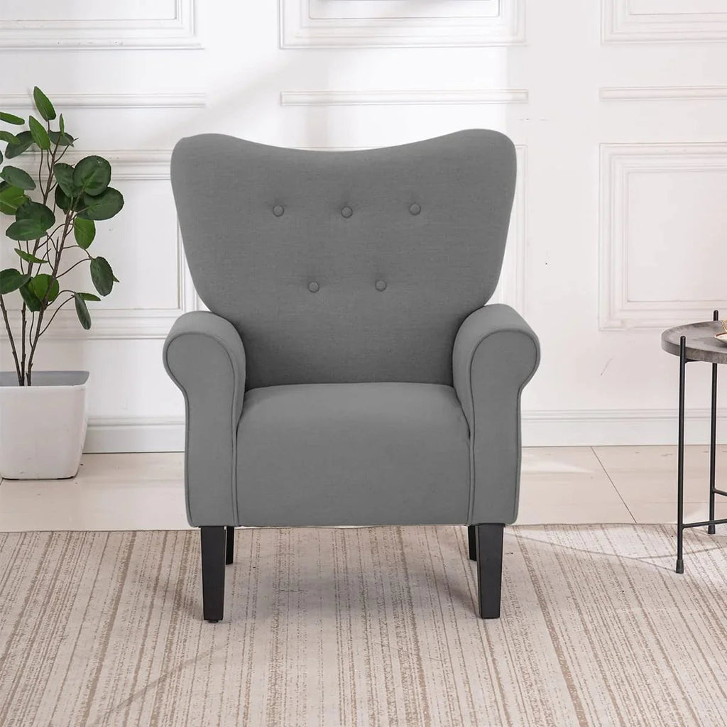 Erommy moderne fauteuil, fauteuil met hoge rugleuning, gestoffeerde eenzitsbank met knopen en houten poten voor de woonkamer