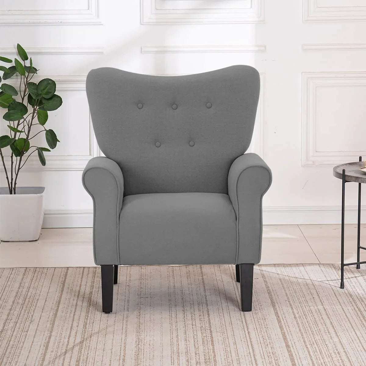 Erommy moderne fauteuil, fauteuil met hoge rugleuning, gestoffeerde eenzitsbank met knopen en houten poten voor de woonkamer