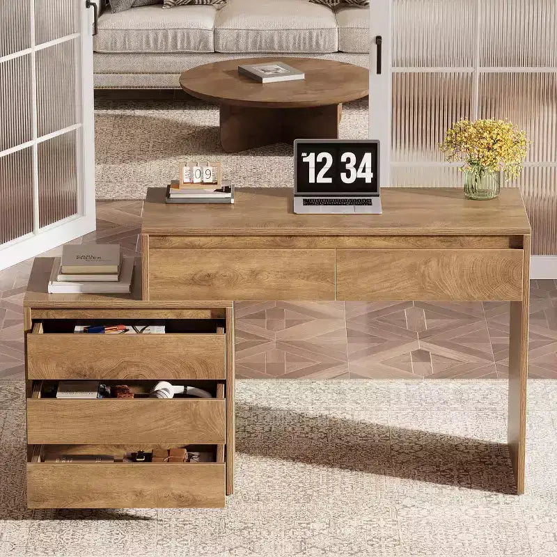 Scrivania per computer Lantine con 5 cassetti, scrivania direzionale in legno con schedario e supporto per stampante, per ufficio domestico e piccoli spazi
