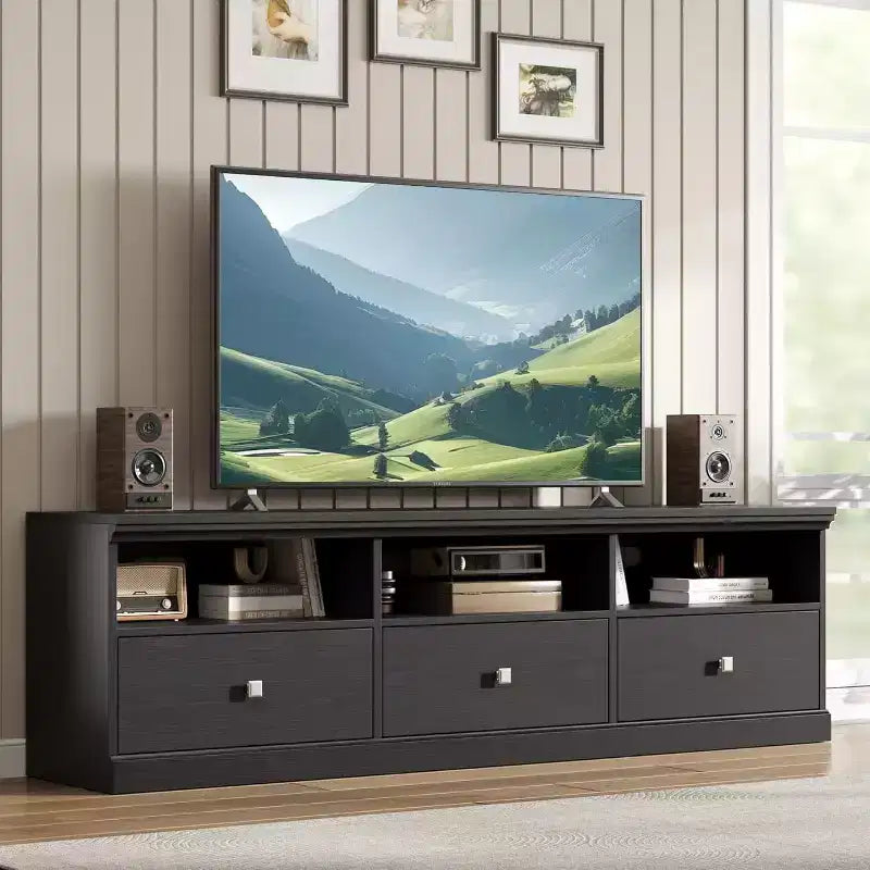 Mobile porta TV in stile modernista di metà secolo da 70 con cassetto contenitore e ripiani aperti