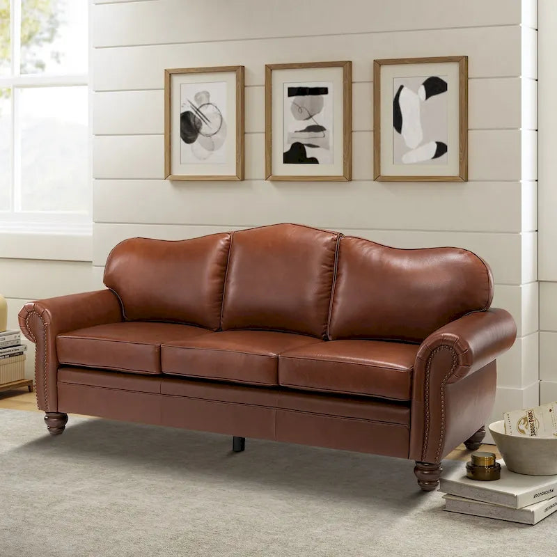 Balvino Sofa mit 81 cm Breite, im Übergangsstil, aus echtem Leder, mit gerollten Armlehnen, Nagelkopfbesatz und abnehmbaren Kissen