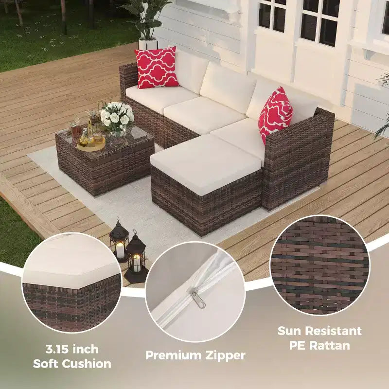 5-teiliges Gartenmöbel-Set, wetterfestes Ecksofa aus Rattan mit rutschfesten Kissen, Gartenmöbel-Sofa-Set aus Rattan mit Hocker