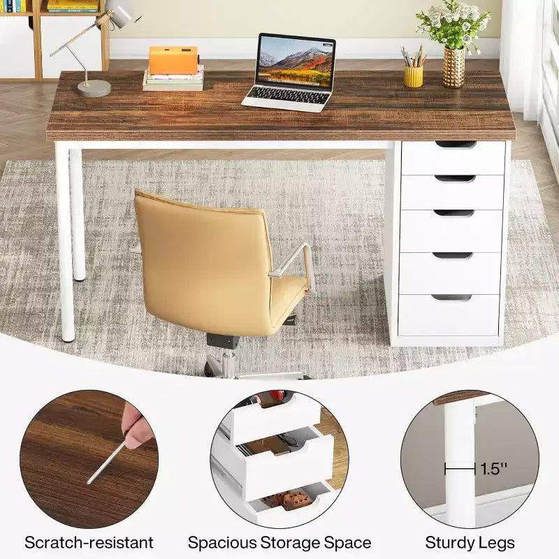 Bureau d’ordinateur Lantine avec 5 tiroirs, bureau moderne et sobre de 47 pouces pour le télétravail, les études et l’écriture, idéal pour les petits espaces