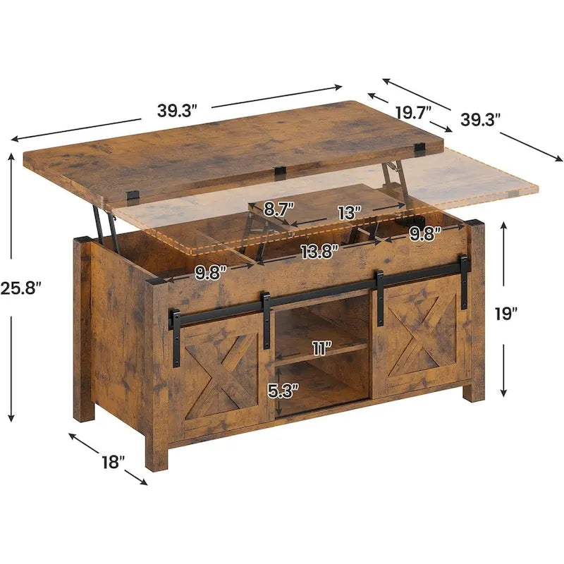 Table basse relevable avec 2 portes coulissantes de style grange, rangement et table à manger